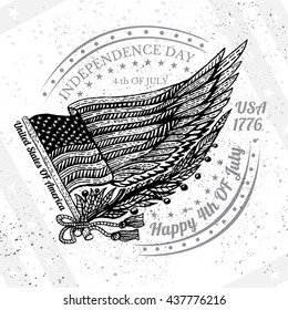 Independence day American flag with wing form, vector grunge illustration