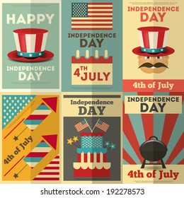 Independence Day American  Posters Set in Retro Style. Fourth of July. Vector Illustration. 