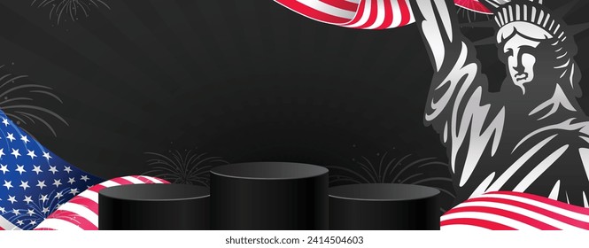 Independence day american sale banner with product display of cylindrical shape, the Statue of Liberty, and American waving flag. Vector illustration.