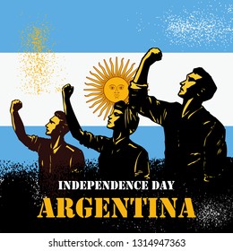 Independence day Argentina, Illustration of people raising fists on flag of Argentina. Vector Illustration