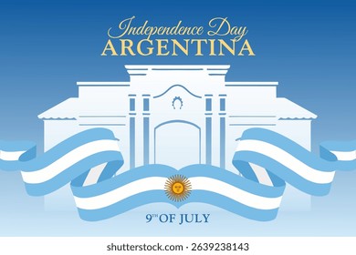 Independence Day Argentina on 9th of July. With the historic Casa Histórica de Tucumán in white silhouette with waving Argentine flags and sun emblem. Vector Illustration