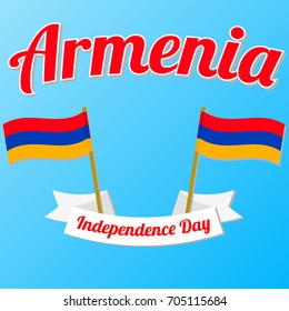 Independence Day in Armenia. Vector illustration with ribbon, inscription and flags of Armenia on a light blue background. Template for greeting poster, card.