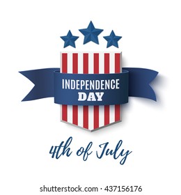 Independence Day  background, 4th of July template. Badge with blue ribbon isolated on white. Vector illustration.