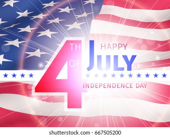 Independence day background, 4th of July. Logo on top of American flag in the shining rays of the sun. Vector illustration