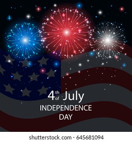 Independence day background with American flag and fireworks on dark sky. 4th of july, illustration.