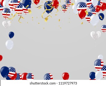 Independence Day background with american flags, balloons Can be used for 4th july as party
