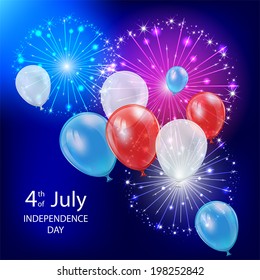 Independence day background with balloons and fireworks, illustration.