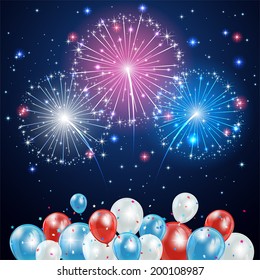 Independence day background with balloons and fireworks on night sky, illustration.