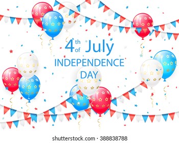 Independence day background with balloons, pennants and confetti on white, illustration.