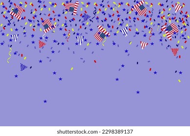 Independence Day background banner USA flag garland, bunting, balloons, confetti, star, ribbon, falling from the sky. Web advertising Celebration parade festival party decoration vector illustration.
