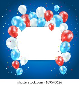 Independence day background with colored balloons and card, illustration.