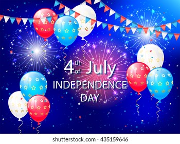 Independence day background with colored balloons and fireworks in the night sky, USA Independence day theme 4 of july, illustration.