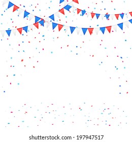 Independence day background with colored pennants and confetti, illustration.