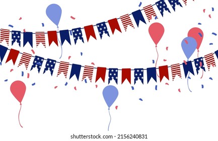 Independence day background with confetti and balloons, 4th july american independence day, Poster, banner, greeting card.