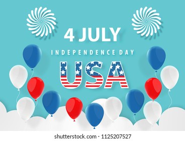 Independence Day background with fireworks, american ,usa, balloons, 4th july as party invitation, backdrop, ad, sale promotion vector