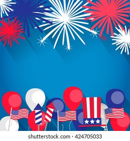 Independence Day background with fireworks,  american flags, balloons, uncle Sam hat. Can be used for 4th july as party invitation, background , backdrop, ad, sale promotion