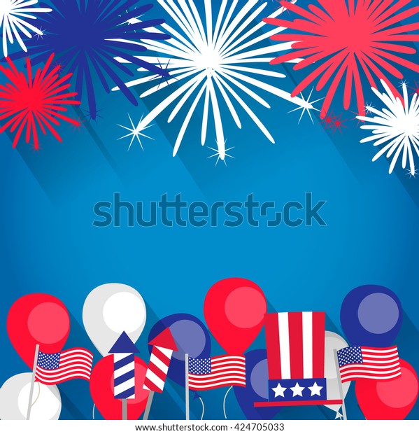 花火 米国の国旗 風船 サム ハットのある独立記念日の背景 7月4日にパーティの招待 背景 背景 広告 販売促進として使用可能 のベクター画像素材 ロイヤリティフリー