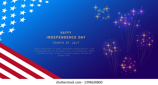 Independence Day background with fireworks and USA flag. Fourth of July celebration banner, poster, flyer, greeting card design. Memorial Day. Space for text. Vector illustration.
