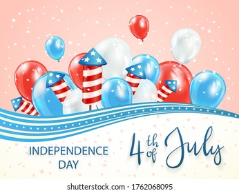 Unabhängigkeitstag, Hintergrund. Urlaubsthema mit Sternen und roten und blauen Linien. Schreiben vom 4. Juli mit Ballons und Raketenfeuerwerken. Illustrationen können für Urlaubsdesign, Karten, Banner verwendet werden.