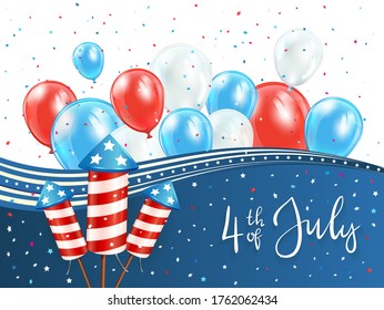 Independence day background with lettering 4th of July on blue background. Independence day theme with balloons and rocket fireworks. Illustration can be used for holiday design, cards, poster, banner
