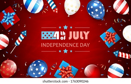 Antecedentes del Día de la Independencia y letras del 4 de julio con globos, cajas de regalo y cohetes de fuego. Tema del Día de la Independencia Roja. La ilustración se puede utilizar para el diseño de vacaciones, tarjetas, carteles, pancartas.