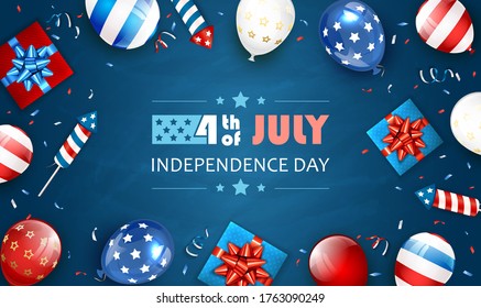 Independence day background and lettering 4th of July with balloons, gift boxes and rocket fireworks. Blue Independence day Theme. Illustration can be used for holiday design, cards, posters, banners.