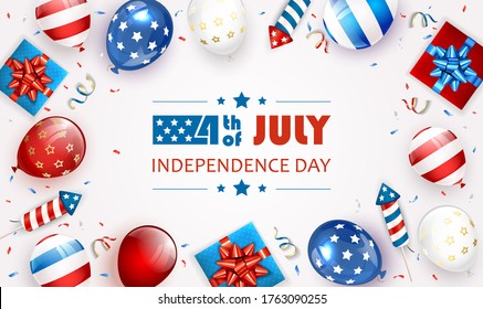 Unabhängigkeitstag Hintergrund und Schreiben 4. Juli mit Ballons, Geschenkbox und Raketenfeuerwerk. White Independence Day Theme. Illustrationen können für Urlaubsdesign, Karten, Poster, Banner verwendet werden