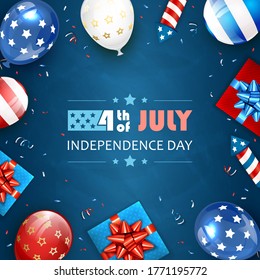 Independence day background. Lettering 4th of July. Balloons, gift boxes and rocket fireworks. Blue Independence day Theme. Illustration can be used for holiday design, cards, posters, banners.
