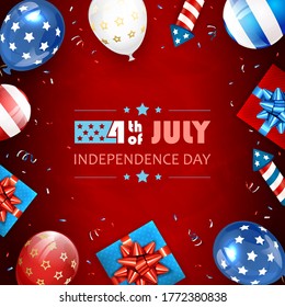 Independence day background. Lettering 4th of July. Balloons, gift boxes and rocket fireworks. Red Independence day Theme. Illustration can be used for holiday design, cards, posters, banners.