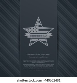 Independence Day background with star, US flag and greeting inscription. 4th of July. Independence Day design. Logo design on elegant gray background. Vector illustration