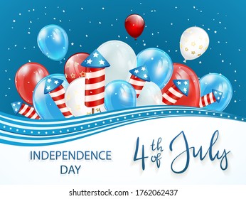 Independence day background with text 4th of July on blue background. Independence day theme with balloons and rocket fireworks. Illustration can be used for holiday design, cards, poster, banner