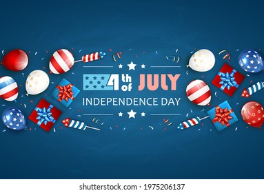 Independence day background. Text 4th of July with balloons, gift boxes and rocket fireworks. Blue Independence day Theme. Illustration can be used for holiday design, banners, cards, posters.
