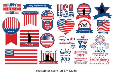 Independence Day Badge and Label Clipart Set Featuring USA Flags, Statues, Fireworks, and Patriotic Typography, Red White Blue American Holiday Designs for Crafts and Decor