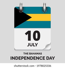 Independence Day, The Bahamas - july 10, days of year, flat realistic calendar icon Independence Day vector image with The Bahamas flag