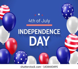 Independence Day banner design template. US national holiday flyer with text and patriotic balloons on blue background. - Vector