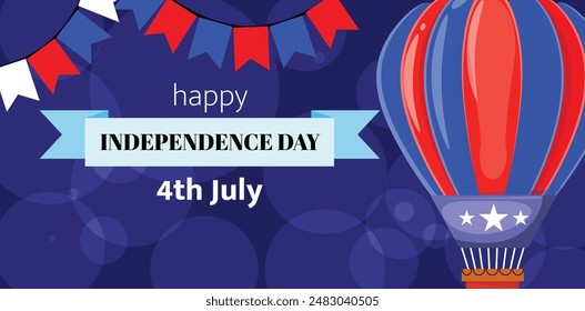 Independence Day banner with a hot air balloon, decorative garland and ribbon