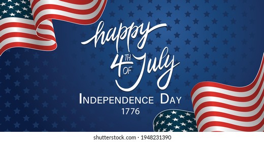 Independence Day banner with United States national flag and hand drawn lettering text Happy 4th of July on a blue background with star pattern. Vector illustration