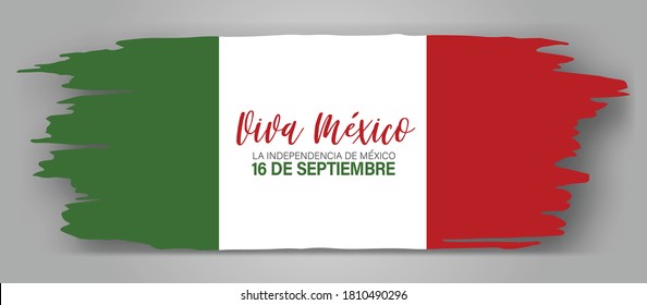Independence Day banner. Viva Mexico. 16 September national holiday. Grunge shape. Green, white, and red waving Mexican flag. Vector illustration.