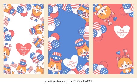 Independence Day banners set. Happy patriotic cats in clothes and accessories with balloons in colors of American flag. Holiday cartoon kawaii character. Isolated vertical vector illustration