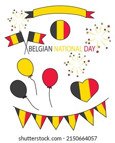 Independence Day of Belgium vector stock illustration. July 21. Elements for design. Flags, garlands, fireworks, fireworks, balloon. Isolated on a white background.