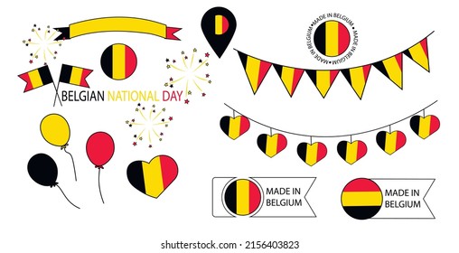 Independence Day of Belgium vector stock illustration. July 21. Elements for design. Flags, garlands, fireworks, fireworks, balloon. Isolated on a white background.
