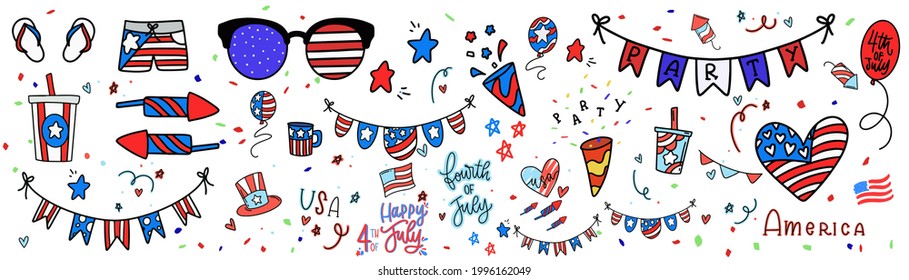 Gran colección del Día de la Independencia. 4 de julio al estilo doodle. Fiesta por la independencia en Estados Unidos. Iconos de esbozo dibujados a mano. Gran conjunto de íconos dibujados a mano. Ilustración del vector