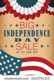 Independence Day big sale flyer with US national flag, pleated fan banners and stars. Template for 4th of July invitation, poster. Vector illustration.
