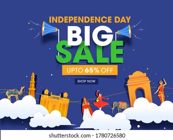 Independence Day Big Sale Poster Design With 65% Discount Offer, Paper Cut Famous Monument Of India, Animals, Women Character On Blue Background.