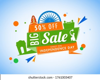 Independence Day Big Sale Ribbon, Label, Tag with Ashoka Wheel, Famous Monuments, Tutari Player and Indian Woman Doing Namaste on Glossy Blue Background.
