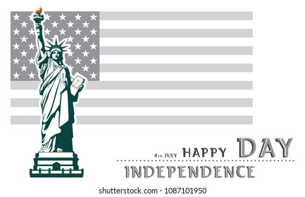 Independence Day. Black and white. Statue of Liberty. US flag during the celebration of the Day. July 4.Flat banner.3D font of fonts. green, color illustration on a white background, postcard, postcar