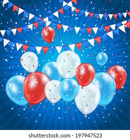Independence day blue background with balloons, pennants and confetti, illustration.