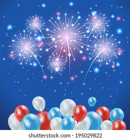 Independence day blue background with firework and balloons, illustration.