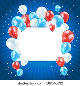 Independence day blue background with tricolor balloons and card, illustration.