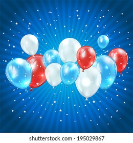 Independence day blue background with tricolor balloons and confetti, illustration.